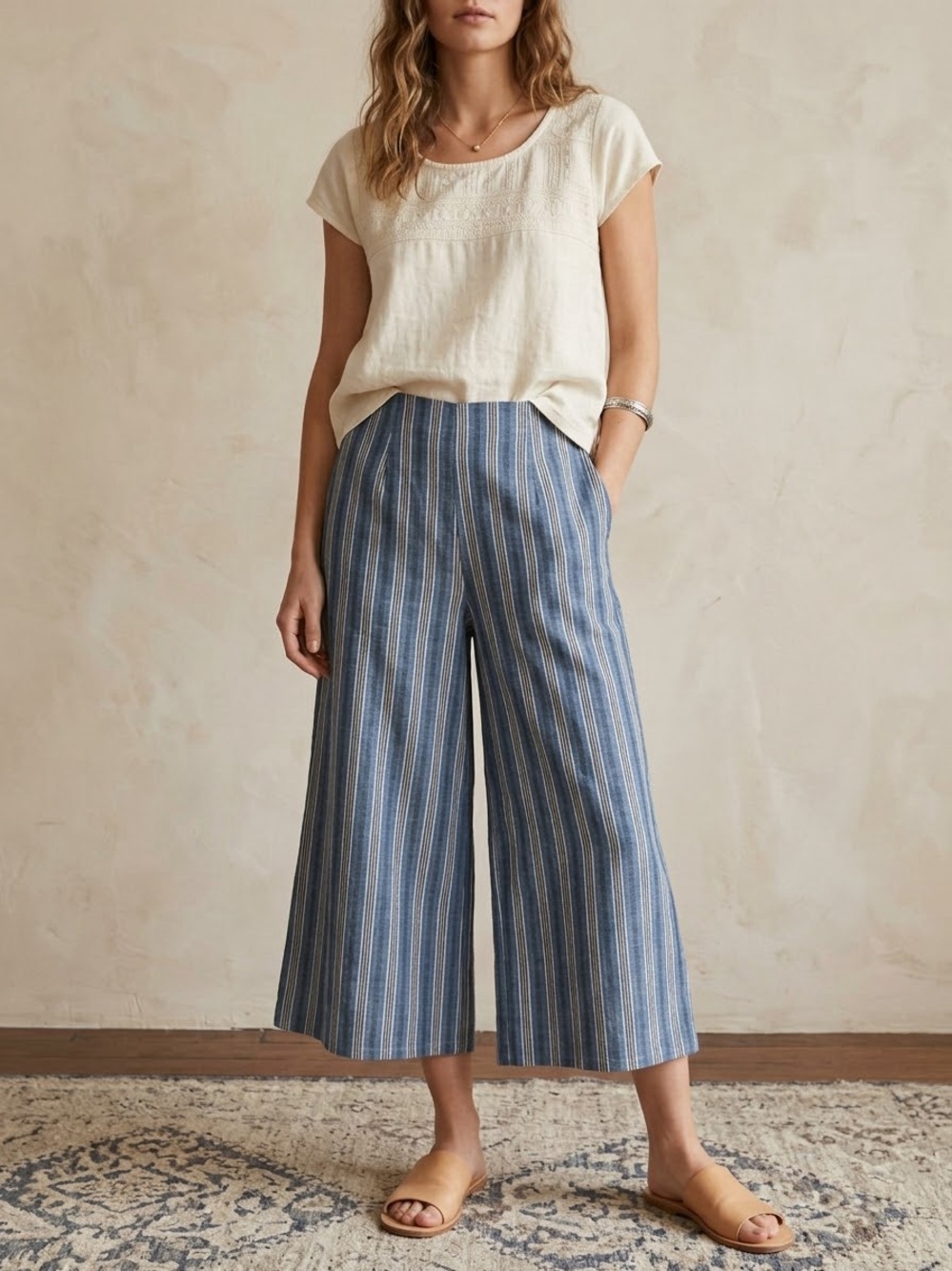 Umgee Blue Striped Wide Leg Culotte Crop Pants S Boho Chic Minimalist Clean Girl